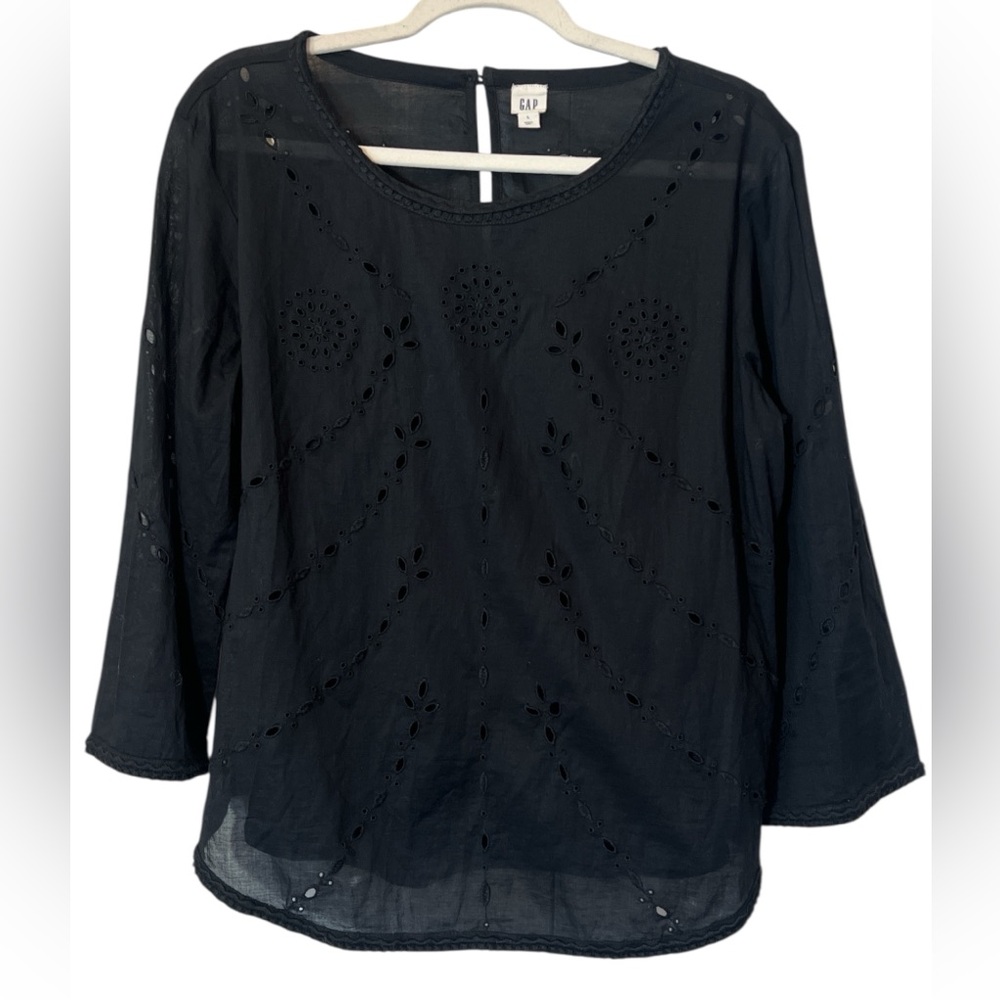 GAP Women's Allover Eyelet 100% Cotton Blouse Size L Black Boho Dark Cottagecore